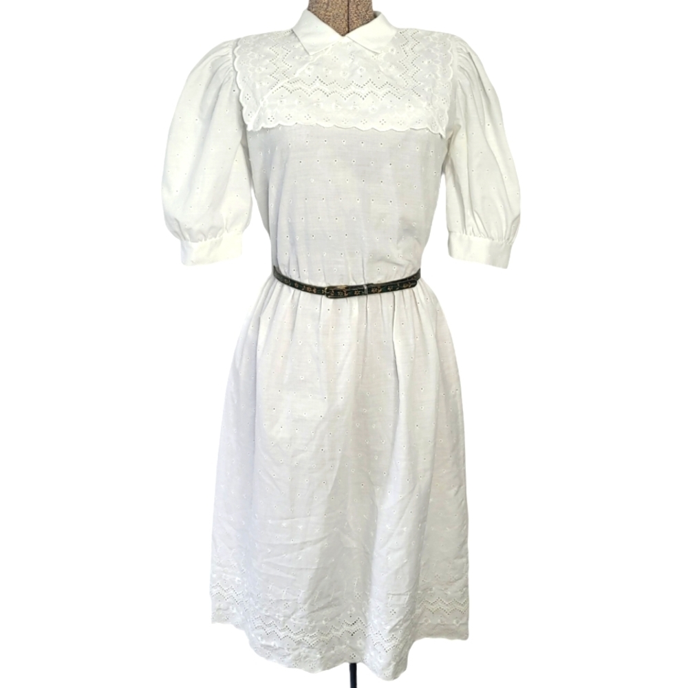 Vintage white eyelet cottagecore midi dress